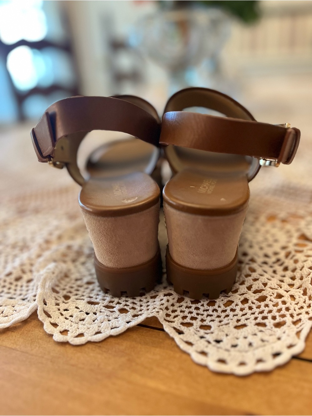 Michael Kors Tan Suede and Brown Leather Lug Platform Sandals with Gold Buckle - Picture 5 of 12